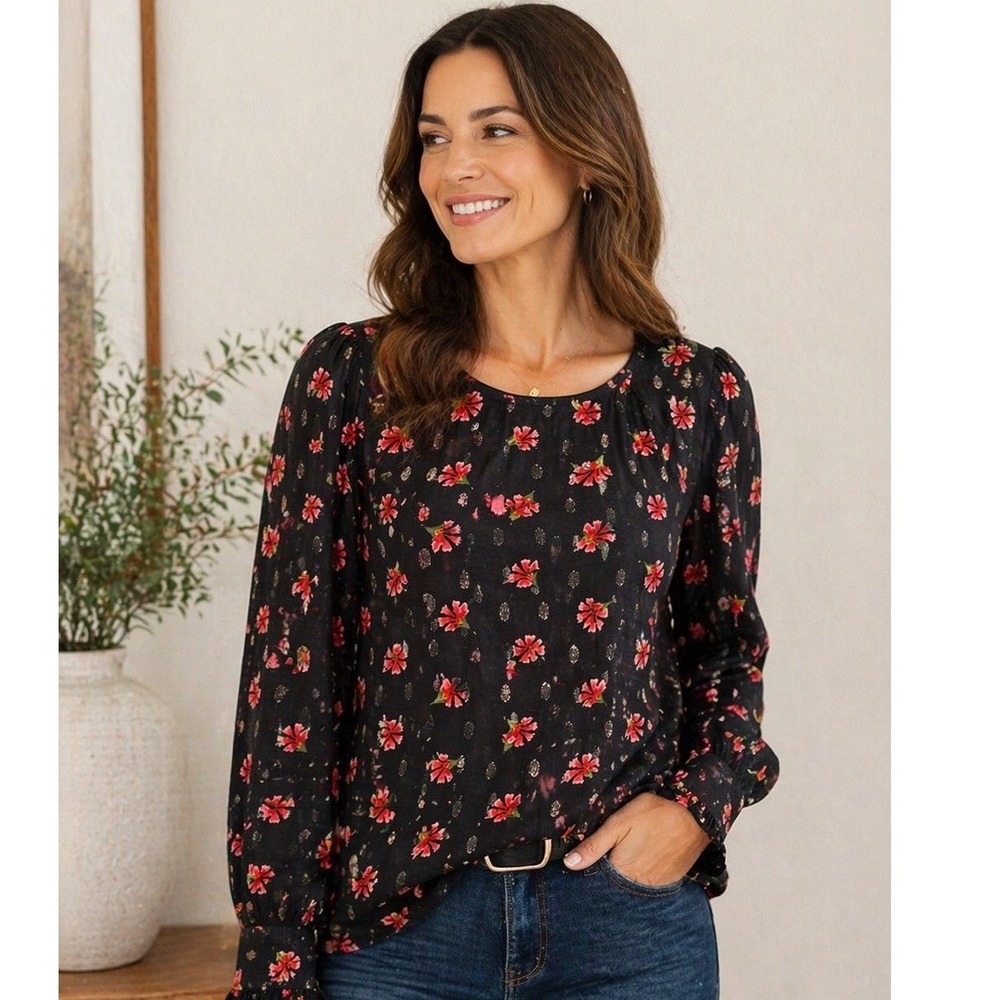 LOFT Womens Black Red Floral Metallic Clip Dot Long Sleeve‎ Blouse Top Size L